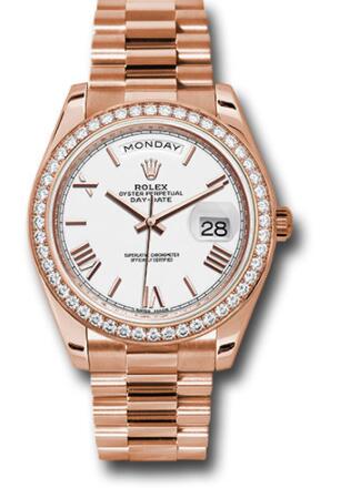 Replica Rolex Everose Gold Day-Date 40 Watch 228345RBR Everose Gold Bezel White Bevelled Roman Dial President Bracelet - Click Image to Close
